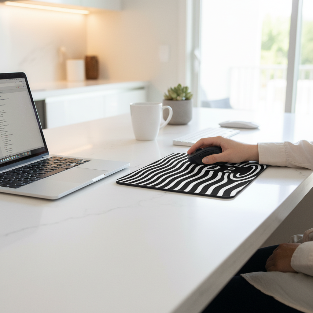 Optical Illusion Cat Mouse Pad - Black & White Wave Design for Desk 9.5"x8"