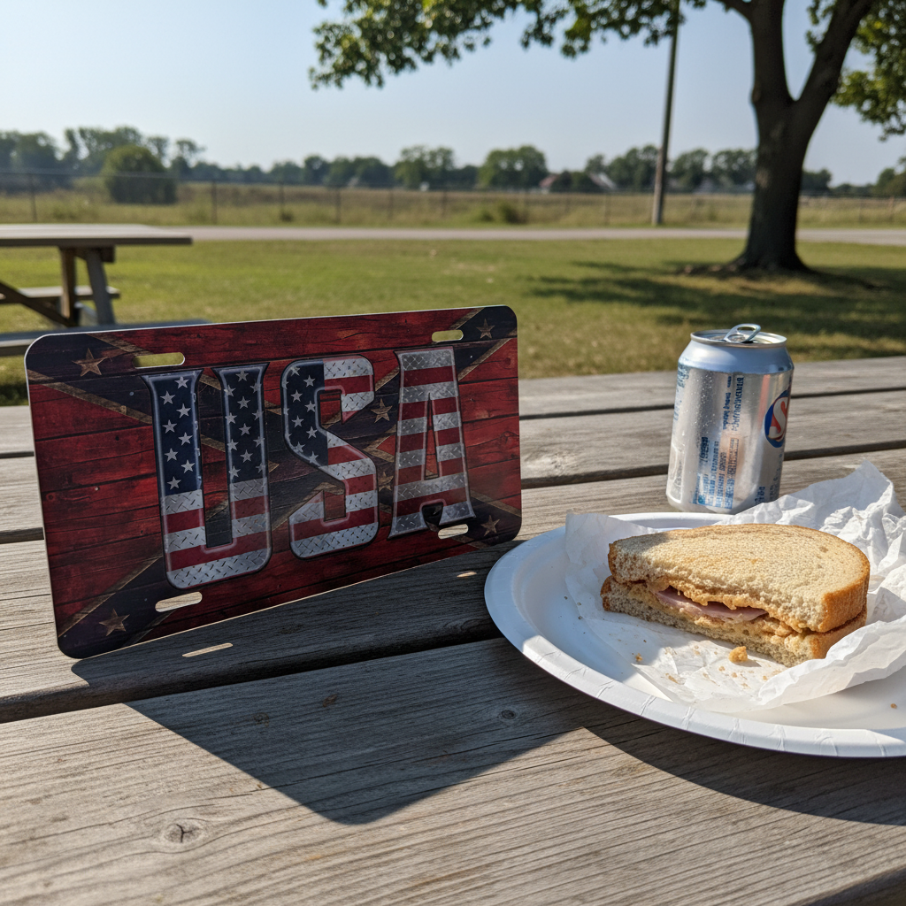 USA Diamond Plate License Plate 6x12 Aluminum Vanity Tag Patriotic USA Flag