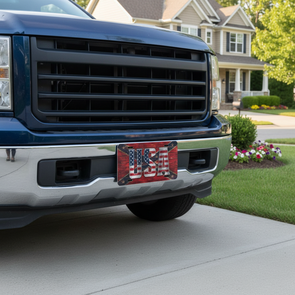USA Diamond Plate License Plate 6x12 Aluminum Vanity Tag Patriotic USA Flag
