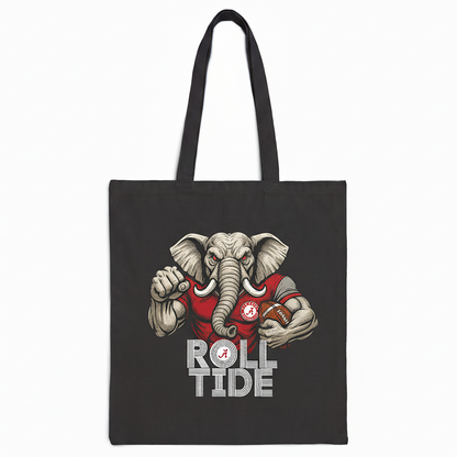 Alabama Elephant Roll Tide Football Black Canvas Spirit Tote Bag - Beyond Lines