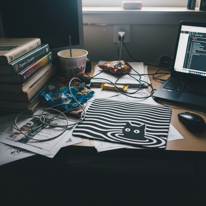 Optical Illusion Cat Mouse Pad - Black & White Wave Design for Desk 9.5"x8"