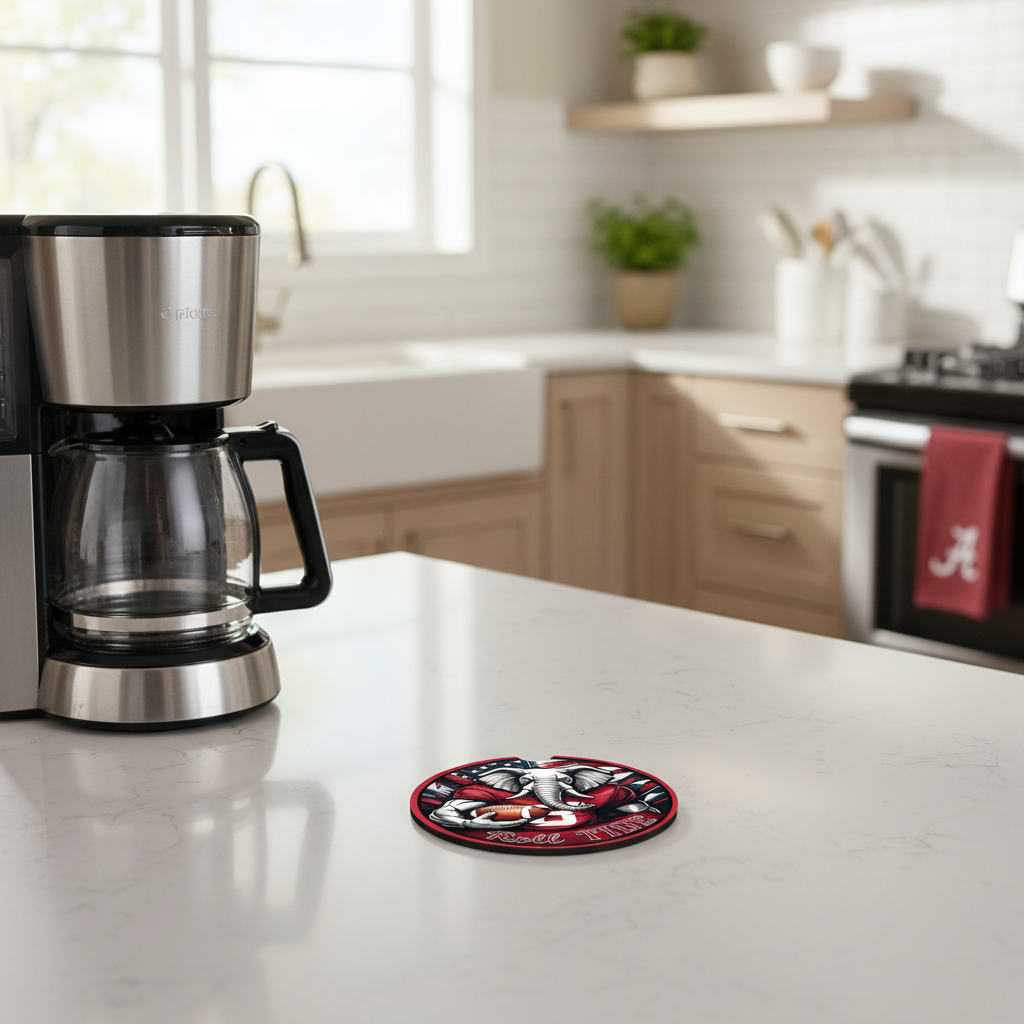 Roll Tide Car Coasters 2-Pack • 2.75" Crimson Bama Elephant • Flag Cup Inserts