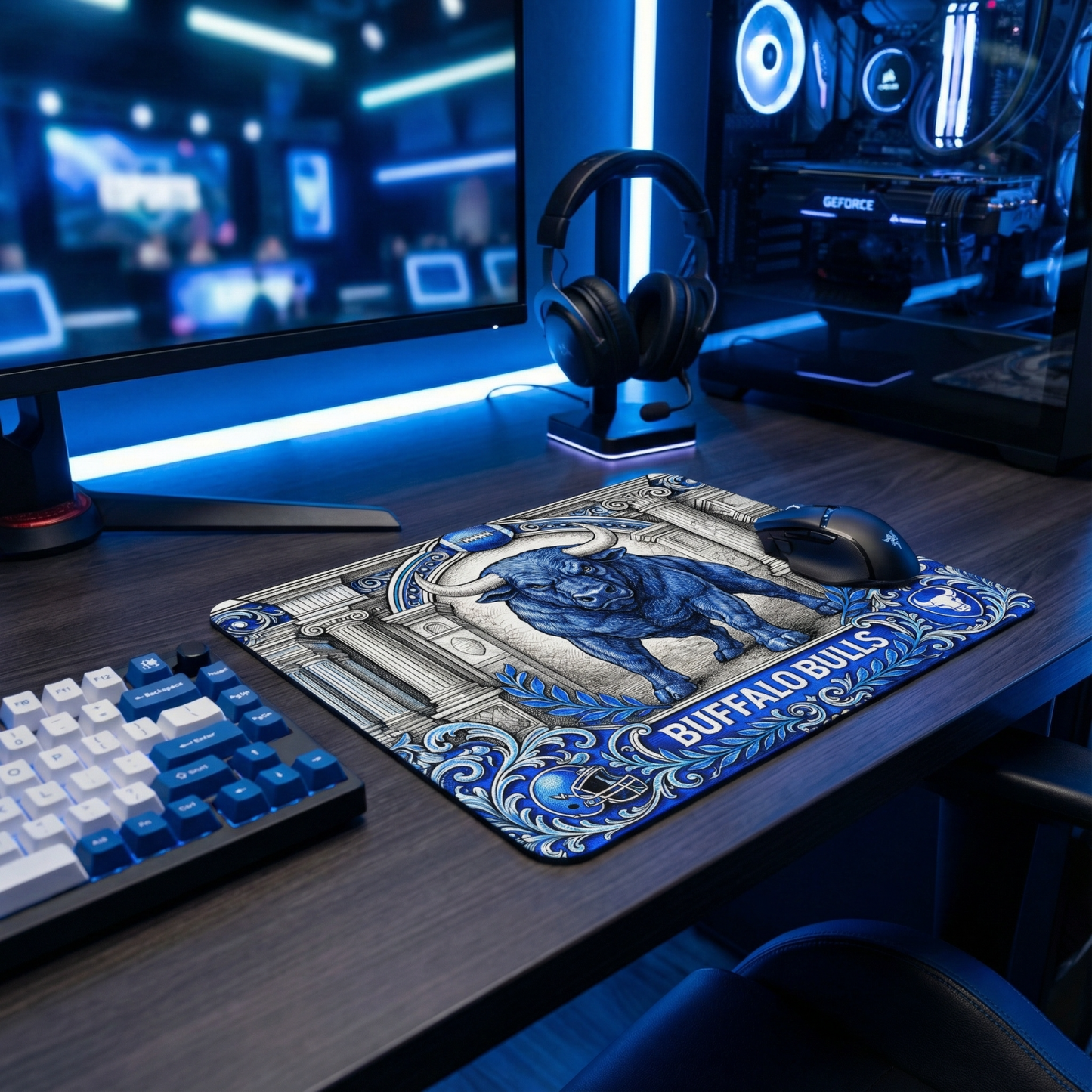 Buffalo Bulls Mousepad Engraved Style Mascot Art Non Slip Stitched Edge Desk Mat