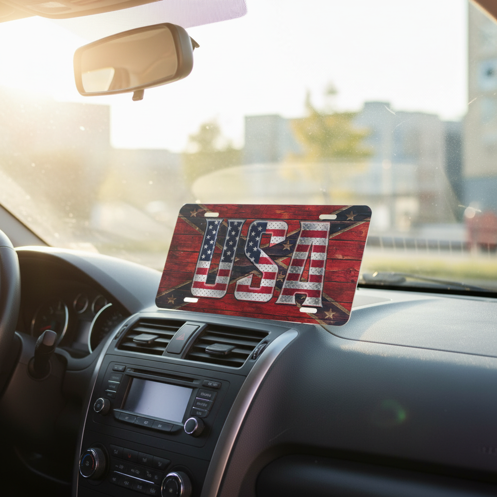 USA Diamond Plate License Plate 6x12 Aluminum Vanity Tag Patriotic USA Flag