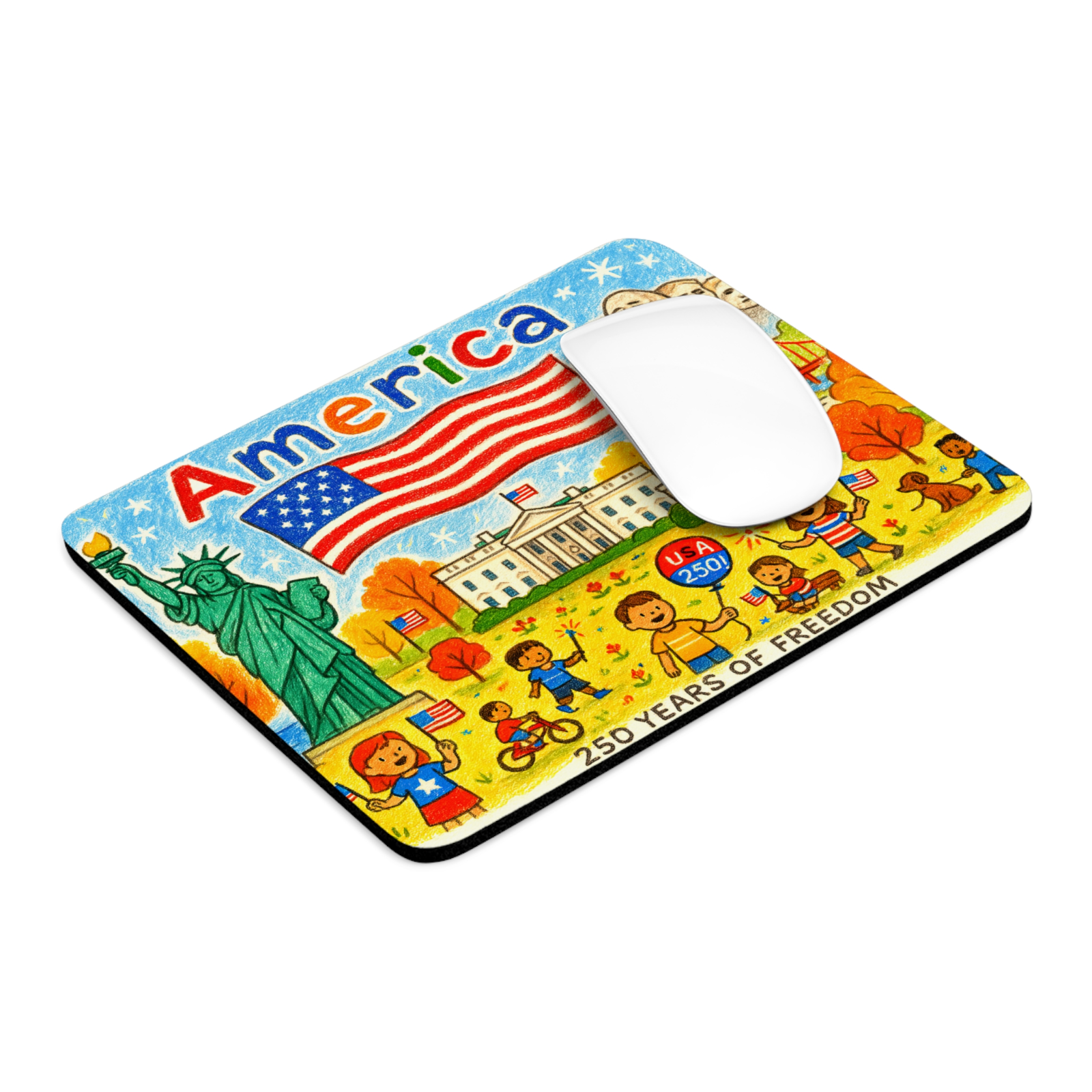 USA 250th Anniversary Crayon Art Mouse Pad Patriotic USA Flag Desk Mat