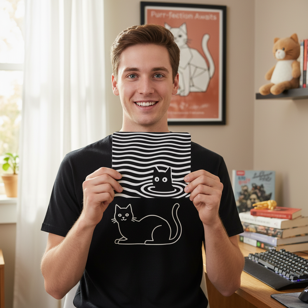 Optical Illusion Cat Mouse Pad - Black & White Wave Design for Desk 9.5"x8"