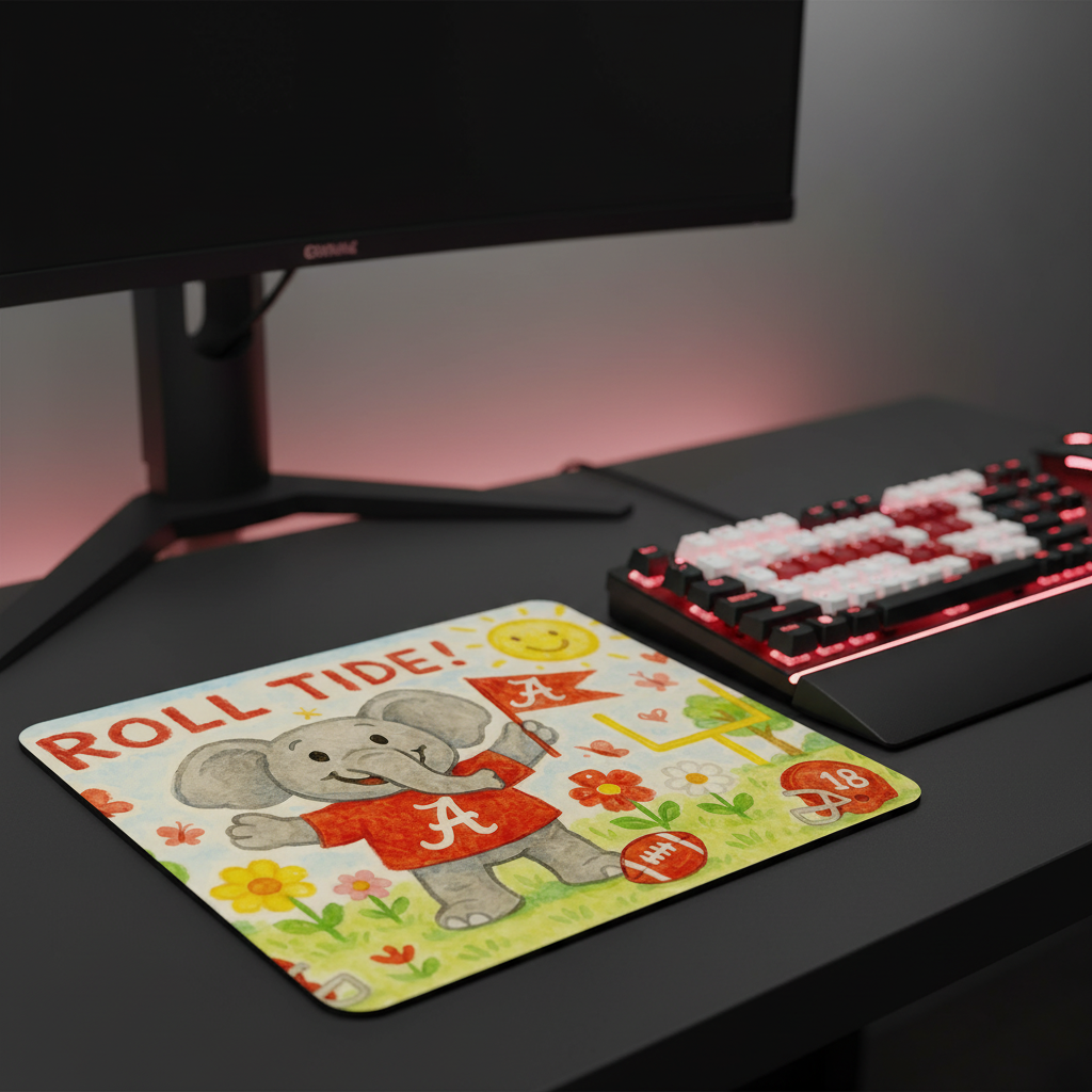 Cute Elephant Roll Tide Mouse Pad for Kids | Fun Bama Desk Accessory | 9.5" x 8"