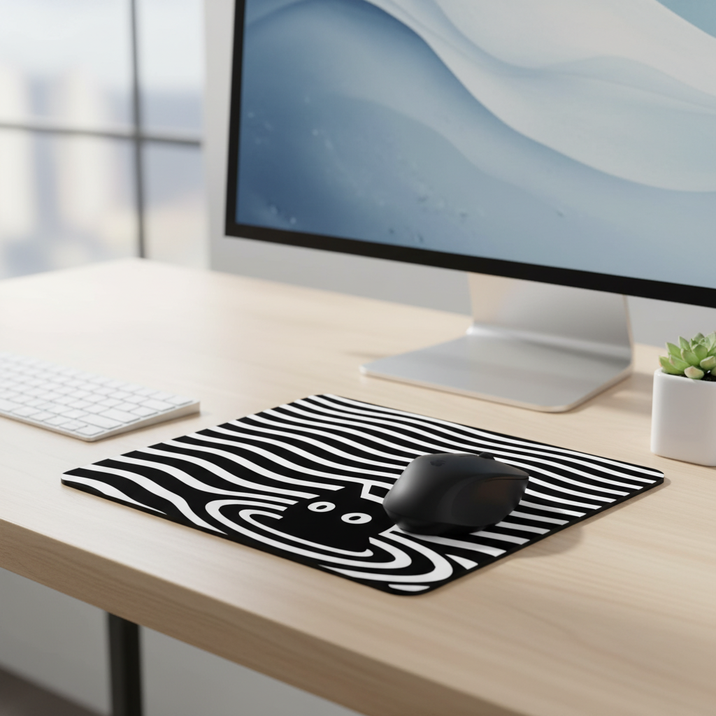 Optical Illusion Cat Mouse Pad - Black & White Wave Design for Desk 9.5"x8"