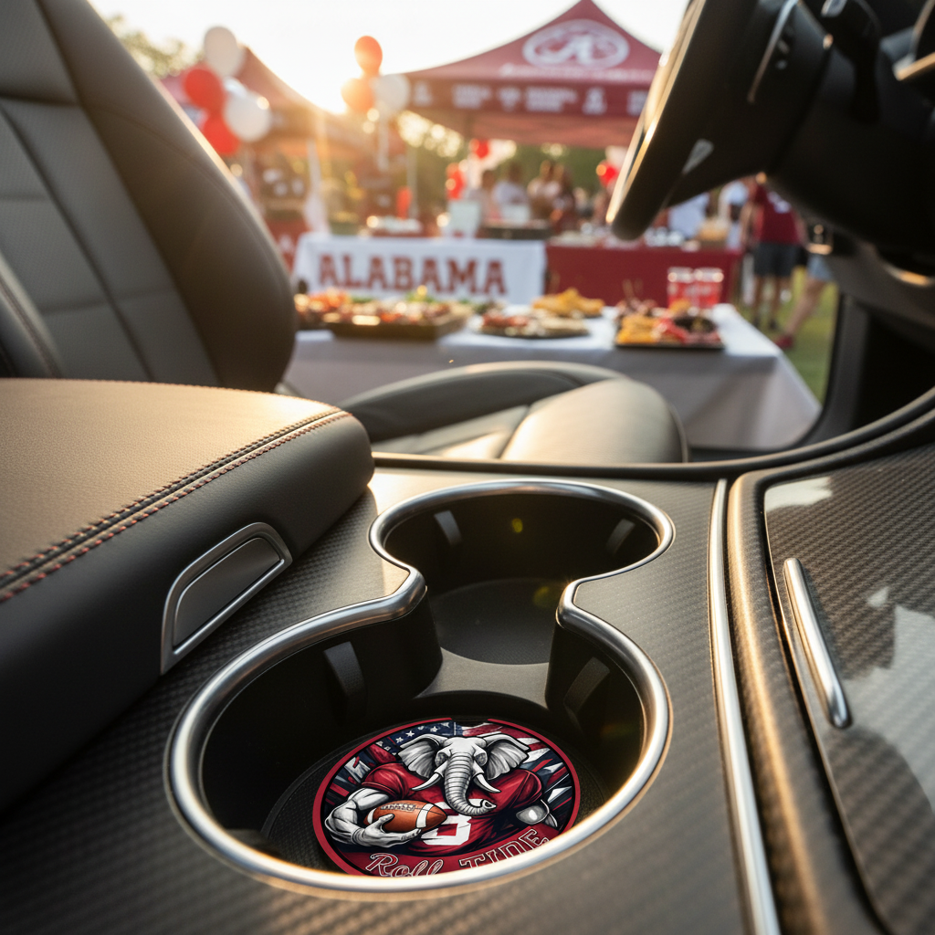 Roll Tide Car Coasters 2-Pack • 2.75" Crimson Bama Elephant • Flag Cup Inserts