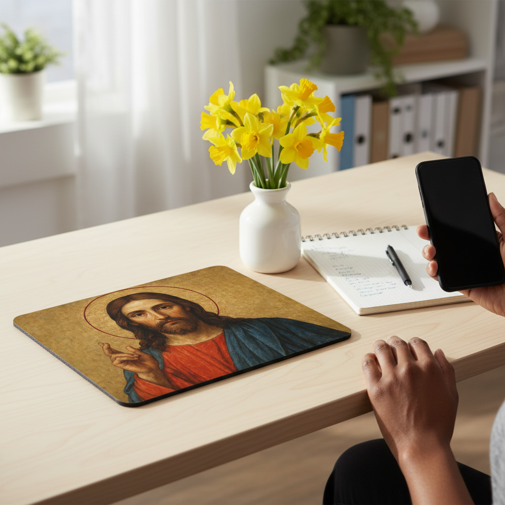 Jesus Christ Icon Art – Divine Inspiration Desk Accessory Gift - Mouse Pad 9.5x8 - Beyond Lines