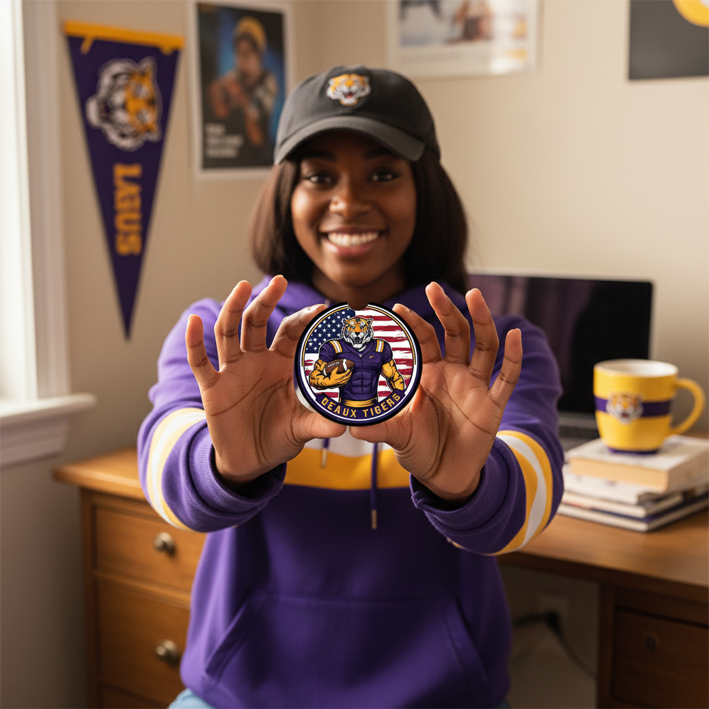 LSU Tigers | 2 Pack Football Geaux USA Flag Car Coaster Set - Cup Holder