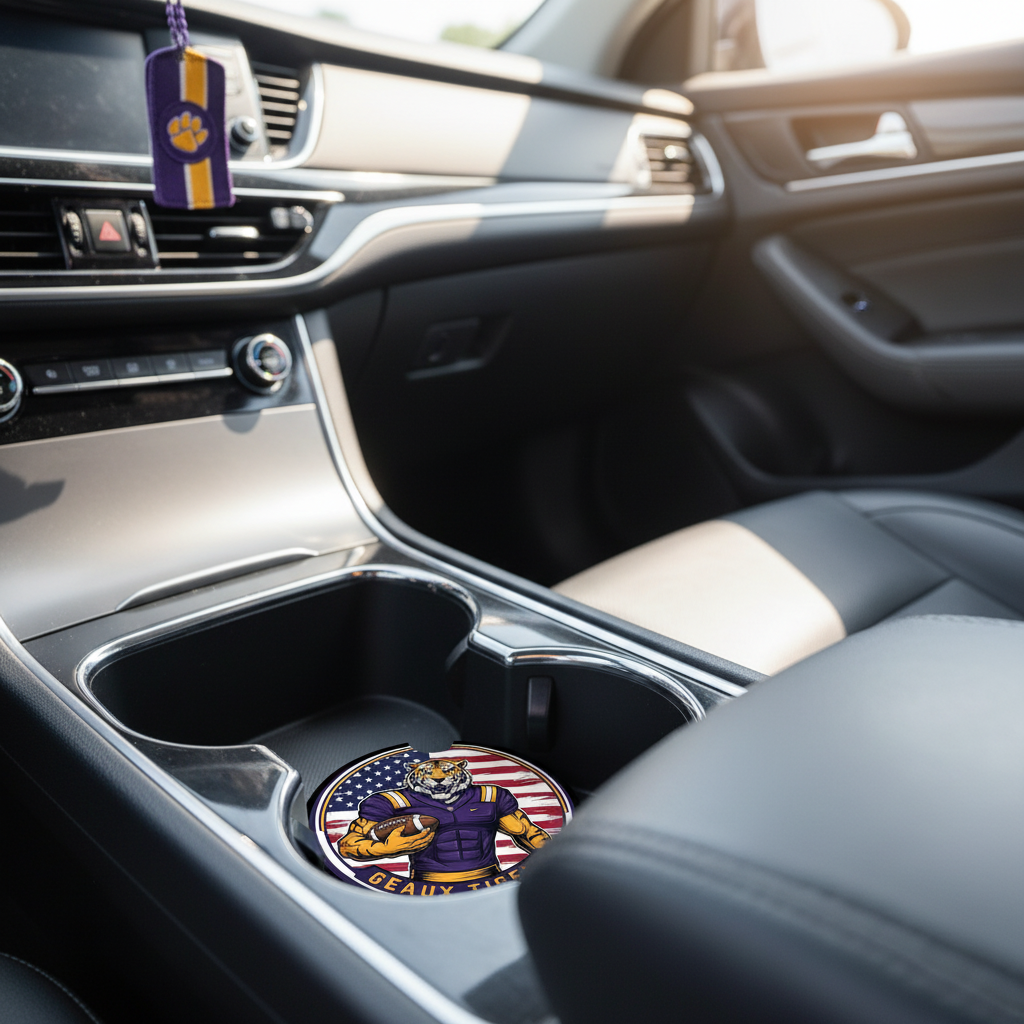 LSU Tigers | 2 Pack Football Geaux USA Flag Car Coaster Set - Cup Holder