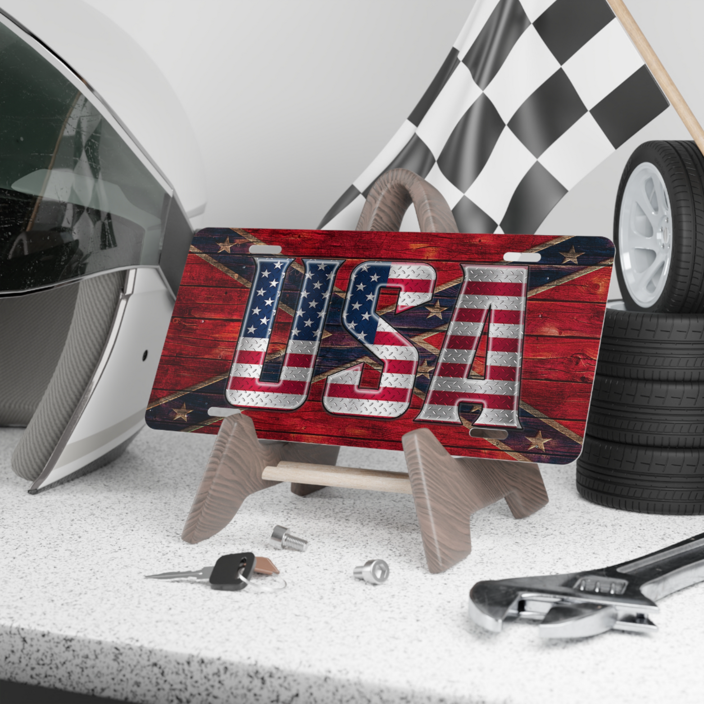 USA Diamond Plate License Plate 6x12 Aluminum Vanity Tag Patriotic USA Flag