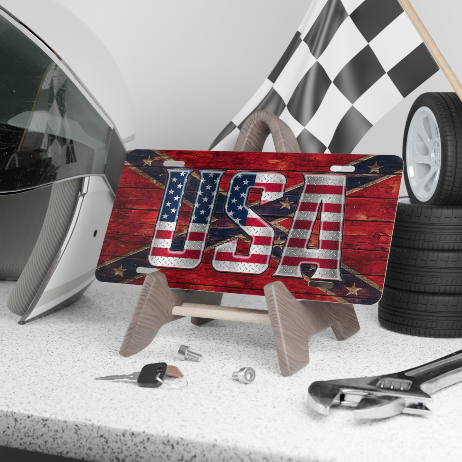 USA Diamond Plate License Plate 6x12 Aluminum Vanity Tag Patriotic USA Flag