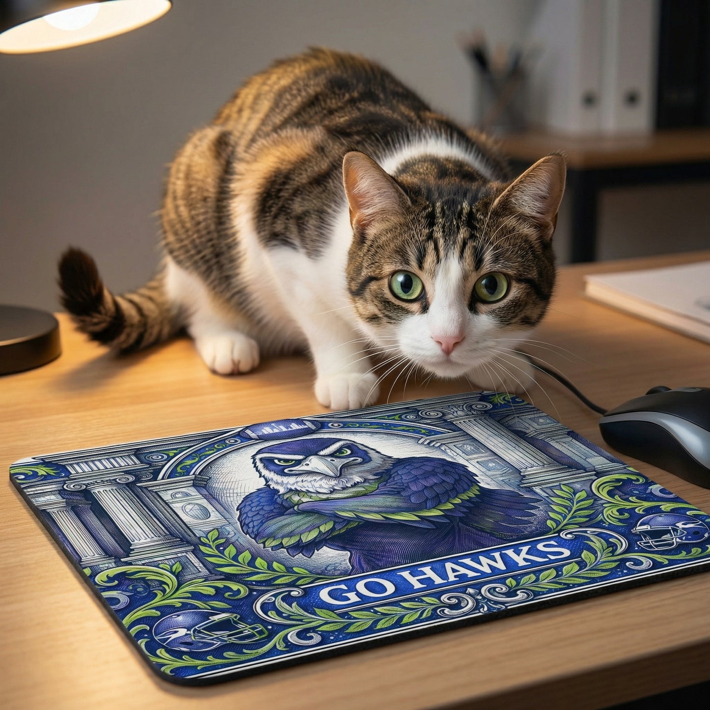 Seattle Football Eagle Mouse Pad - Go Hawks Desk Mat - Blue & Green - Beyond Lines