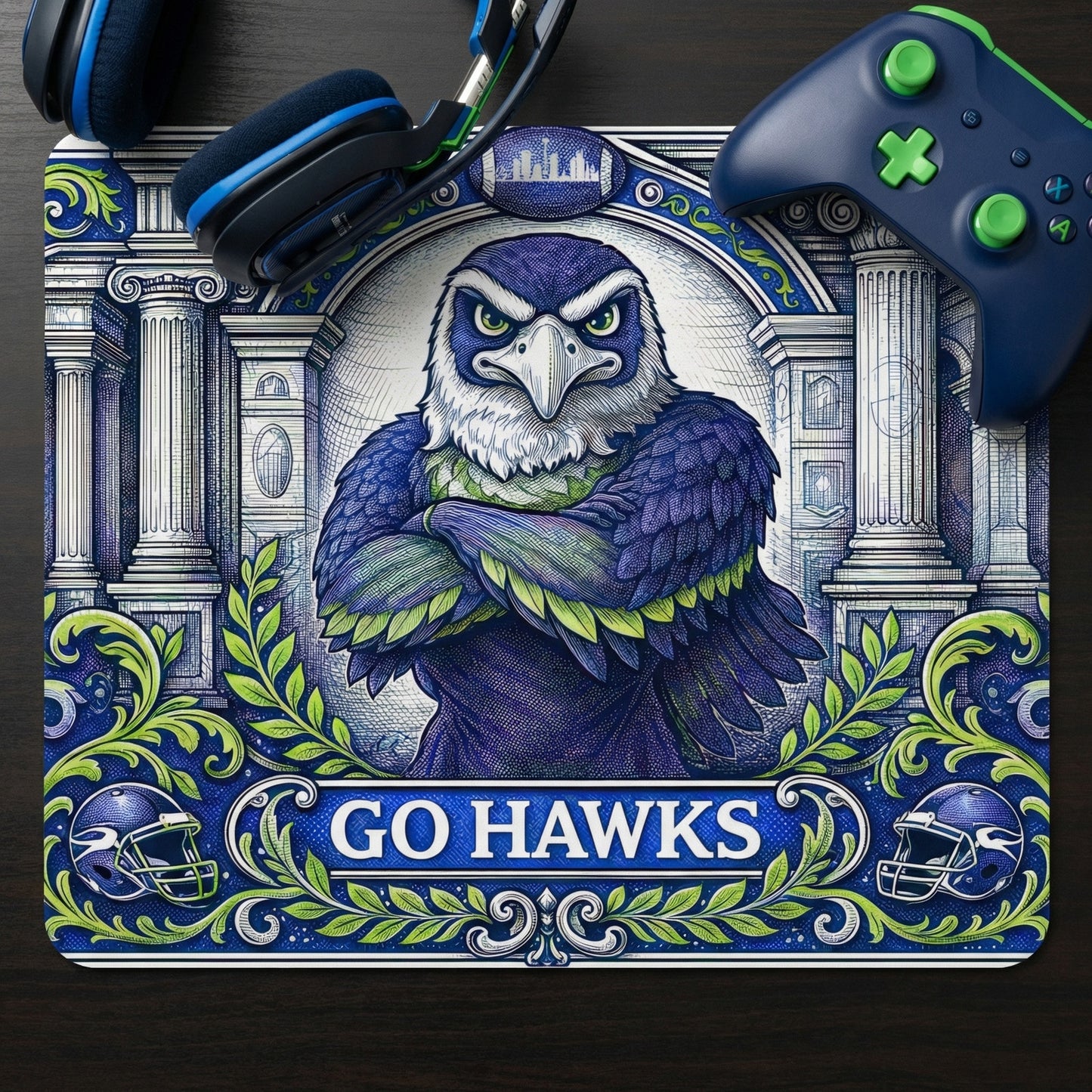 Seattle Football Eagle Mouse Pad - Go Hawks Desk Mat - Blue & Green - Beyond Lines