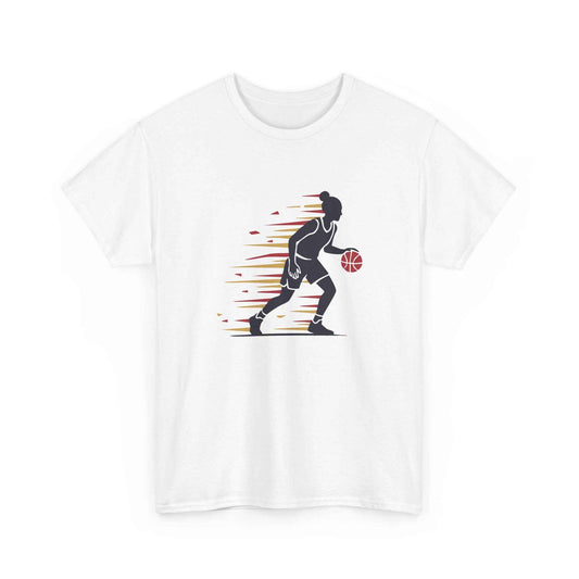 Female Basketball Player Dribbling Graphic T-Shirt - White Cotton Sports Tee