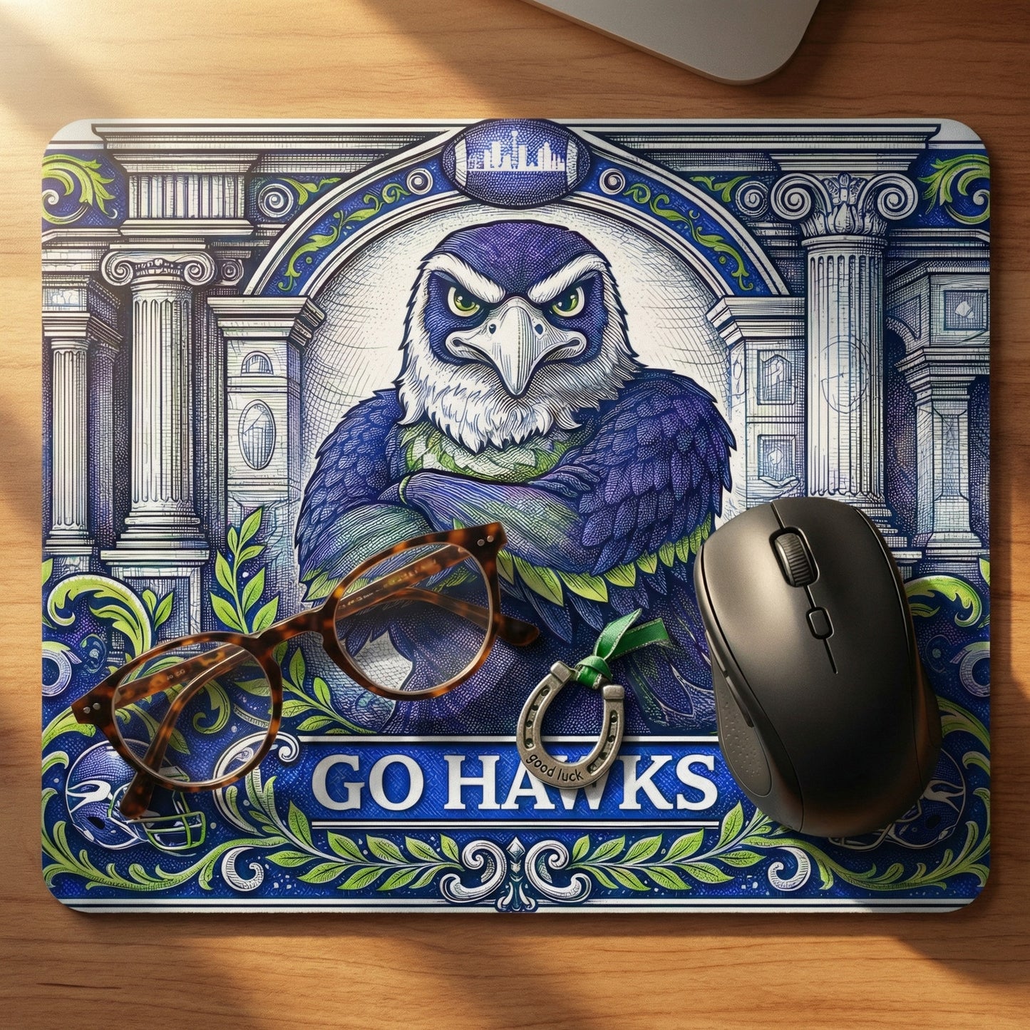 Seattle Football Eagle Mouse Pad - Go Hawks Desk Mat - Blue & Green - Beyond Lines