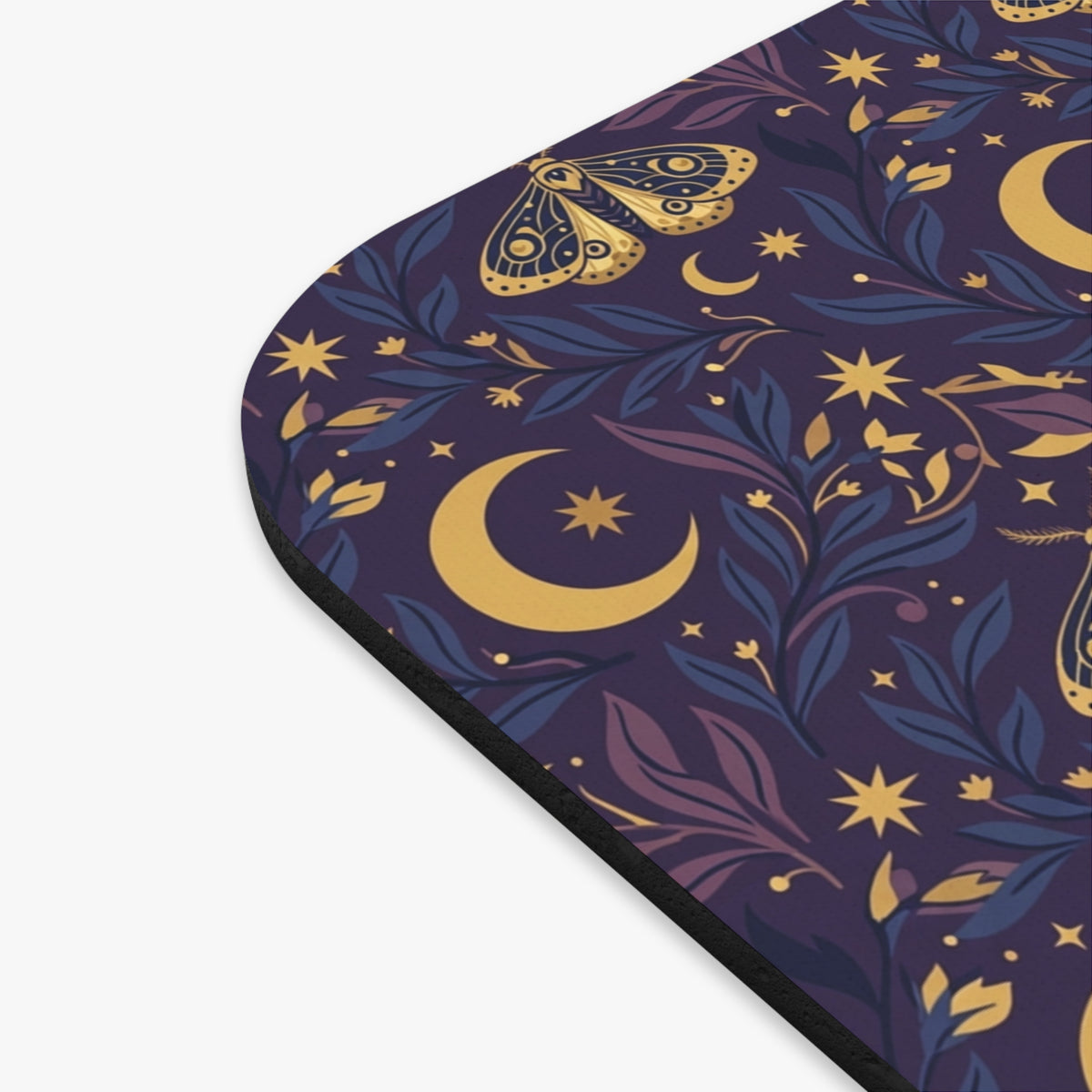 Celestial Moth and Moon Mouse Pad - Witchy Botanical Desk Mat with Gold Stars Pattern - Non-Slip Rubber Base for Home Office & Gaming - Beyond Lines