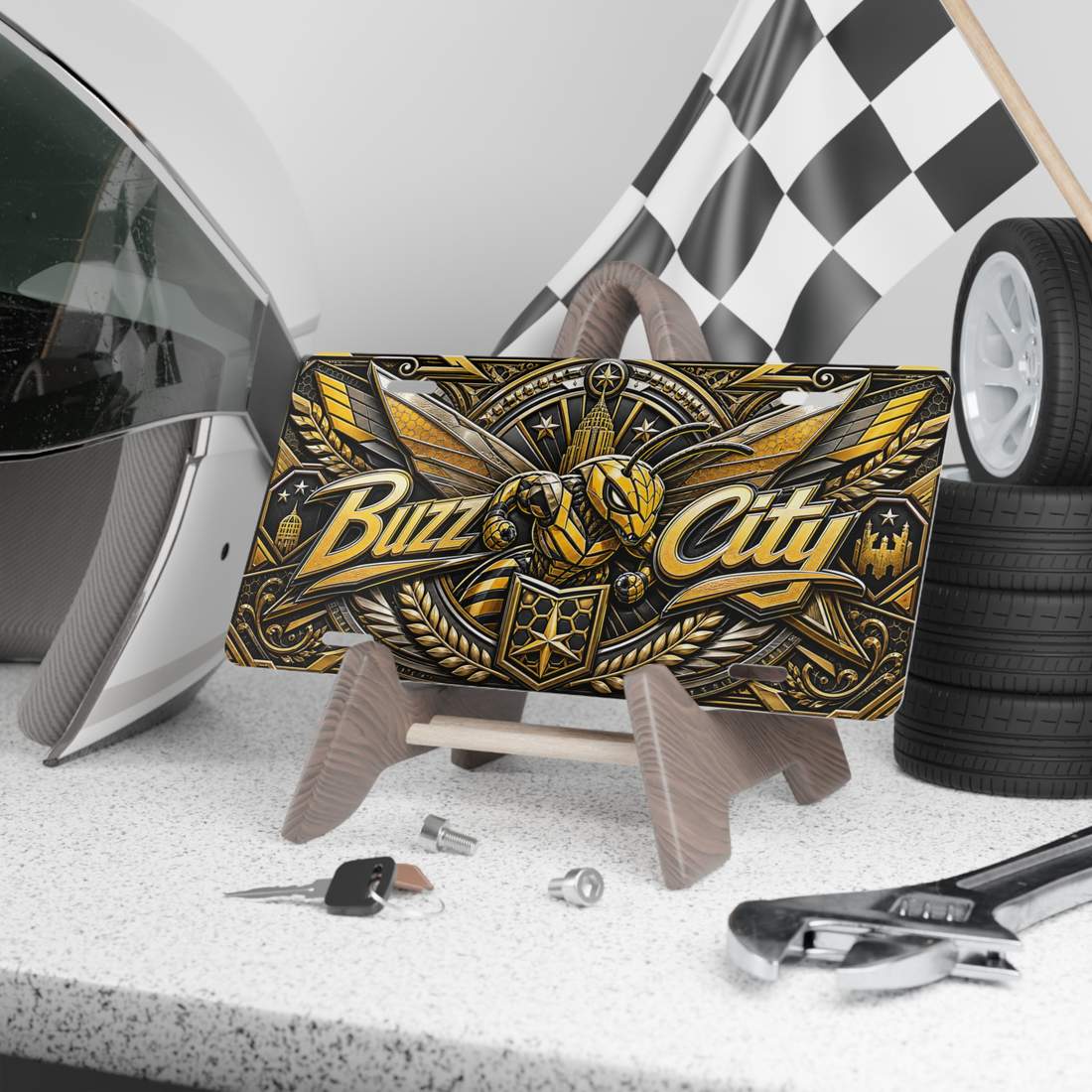 Buzz City Flat Printed Aluminum Car Tag Embossed Look Metal Plate