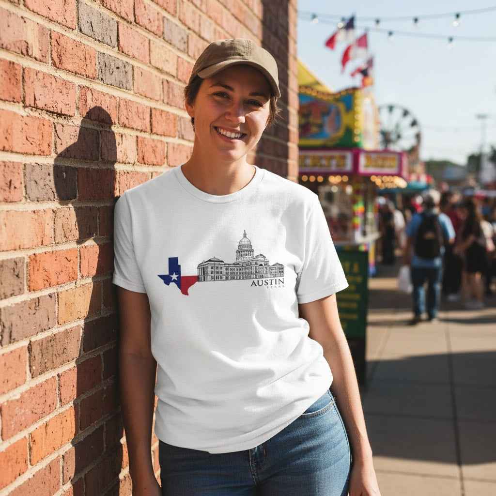 Austin Texas Capitol Building T-Shirt - Texas Flag Map Graphic Souvenir Tee