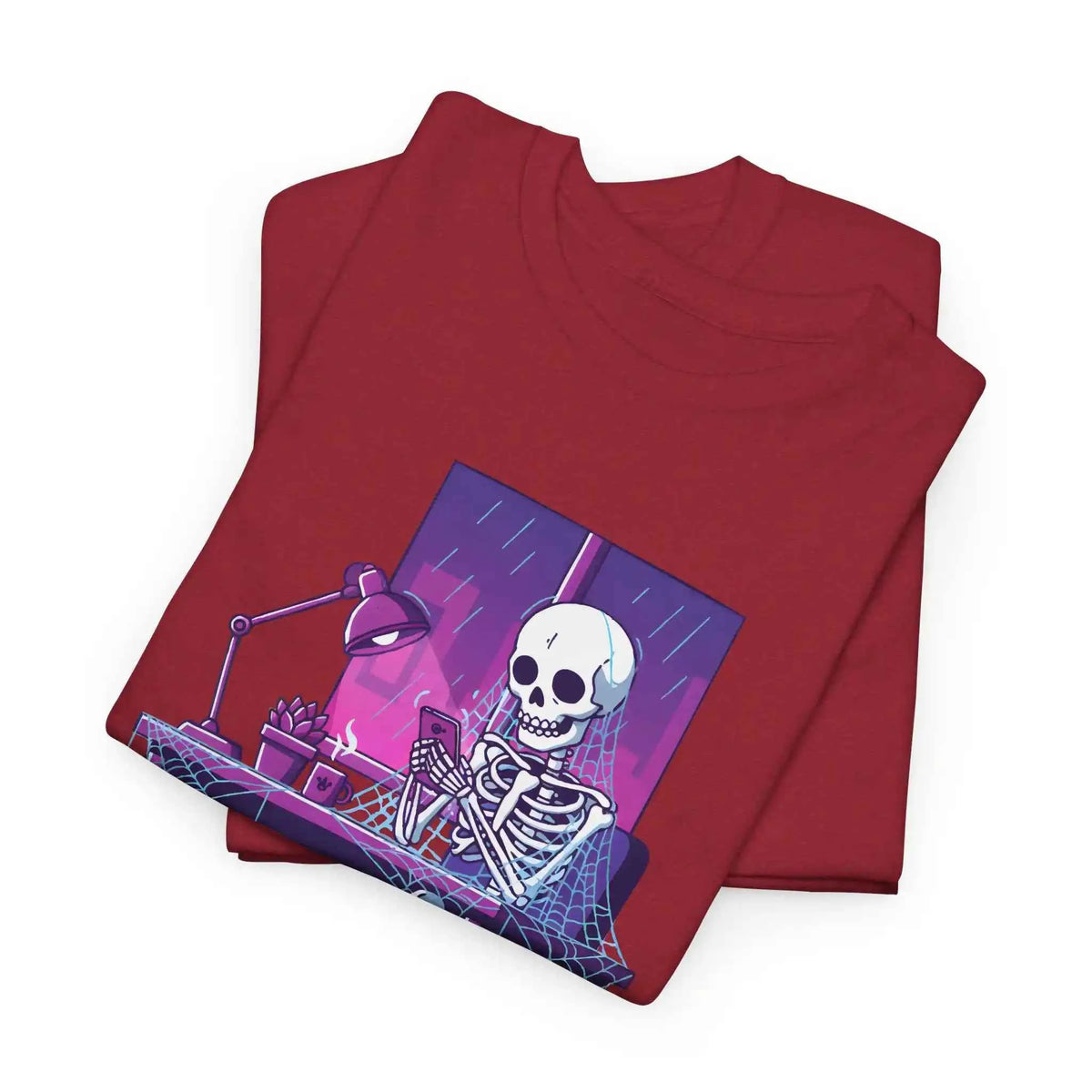 Skeleton Doomscrolling at Desk Graphic T-Shirt - Funny Internet Meme & Lo-Fi Aesthetic Tee