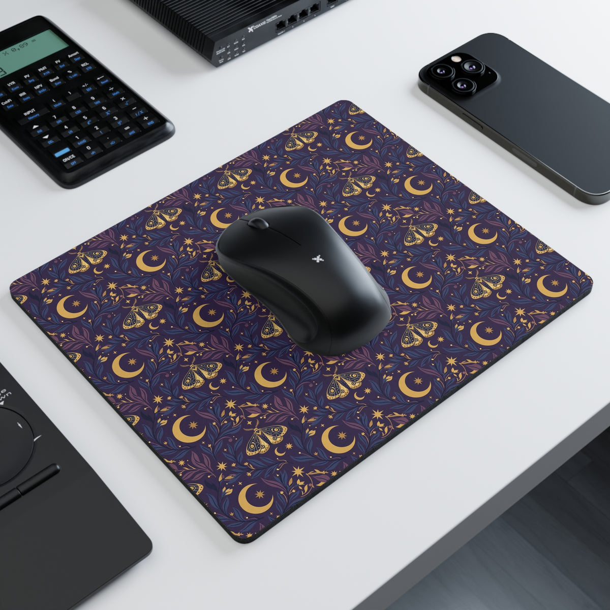 Celestial Moth and Moon Mouse Pad - Witchy Botanical Desk Mat with Gold Stars Pattern - Non-Slip Rubber Base for Home Office & Gaming - Beyond Lines