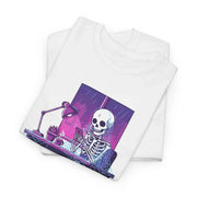 Skeleton Doomscrolling at Desk Graphic T-Shirt - Funny Internet Meme & Lo-Fi Aesthetic Tee