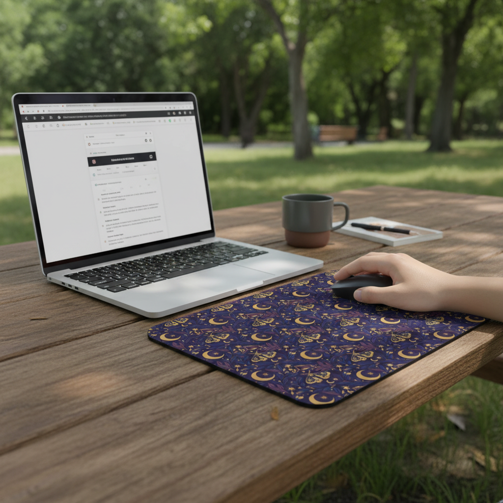 Celestial Moth and Moon Mouse Pad - Witchy Botanical Desk Mat with Gold Stars Pattern - Non-Slip Rubber Base for Home Office & Gaming - Beyond Lines
