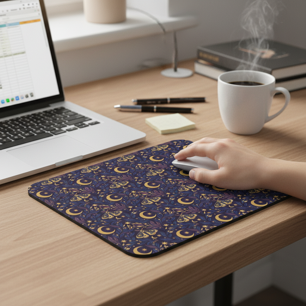 Celestial Moth and Moon Mouse Pad - Witchy Botanical Desk Mat with Gold Stars Pattern - Non-Slip Rubber Base for Home Office & Gaming - Beyond Lines