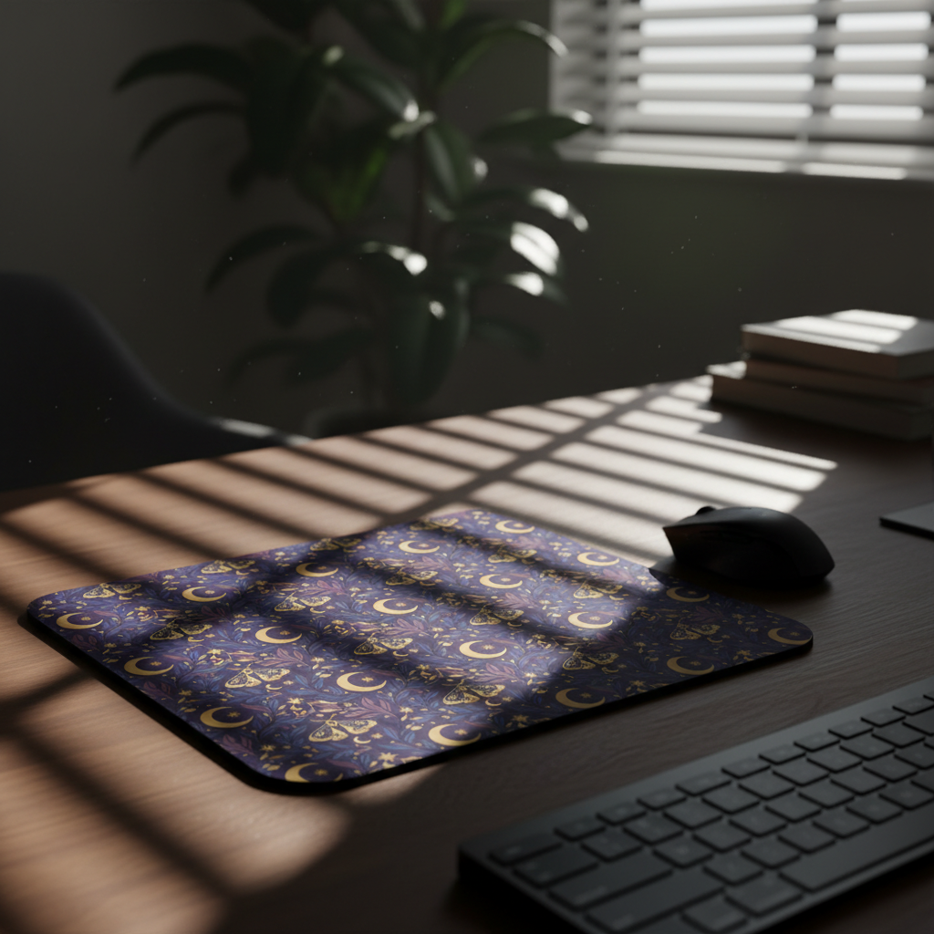 Celestial Moth and Moon Mouse Pad - Witchy Botanical Desk Mat with Gold Stars Pattern - Non-Slip Rubber Base for Home Office & Gaming - Beyond Lines