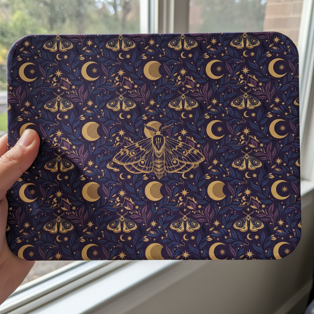 Celestial Moth and Moon Mouse Pad - Witchy Botanical Desk Mat with Gold Stars Pattern - Non-Slip Rubber Base for Home Office & Gaming - Beyond Lines