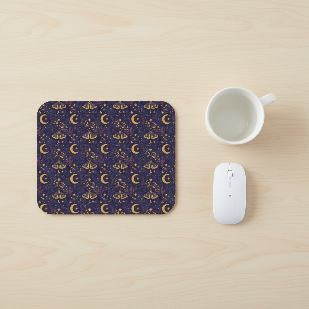 Celestial Moth and Moon Mouse Pad - Witchy Botanical Desk Mat with Gold Stars Pattern - Non-Slip Rubber Base for Home Office & Gaming - Beyond Lines