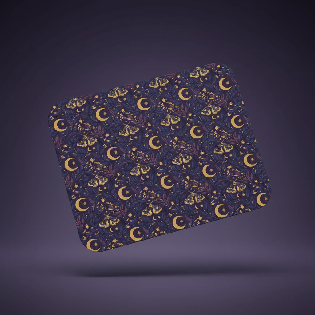 Celestial Moth and Moon Mouse Pad - Witchy Botanical Desk Mat with Gold Stars Pattern - Non-Slip Rubber Base for Home Office & Gaming - Beyond Lines
