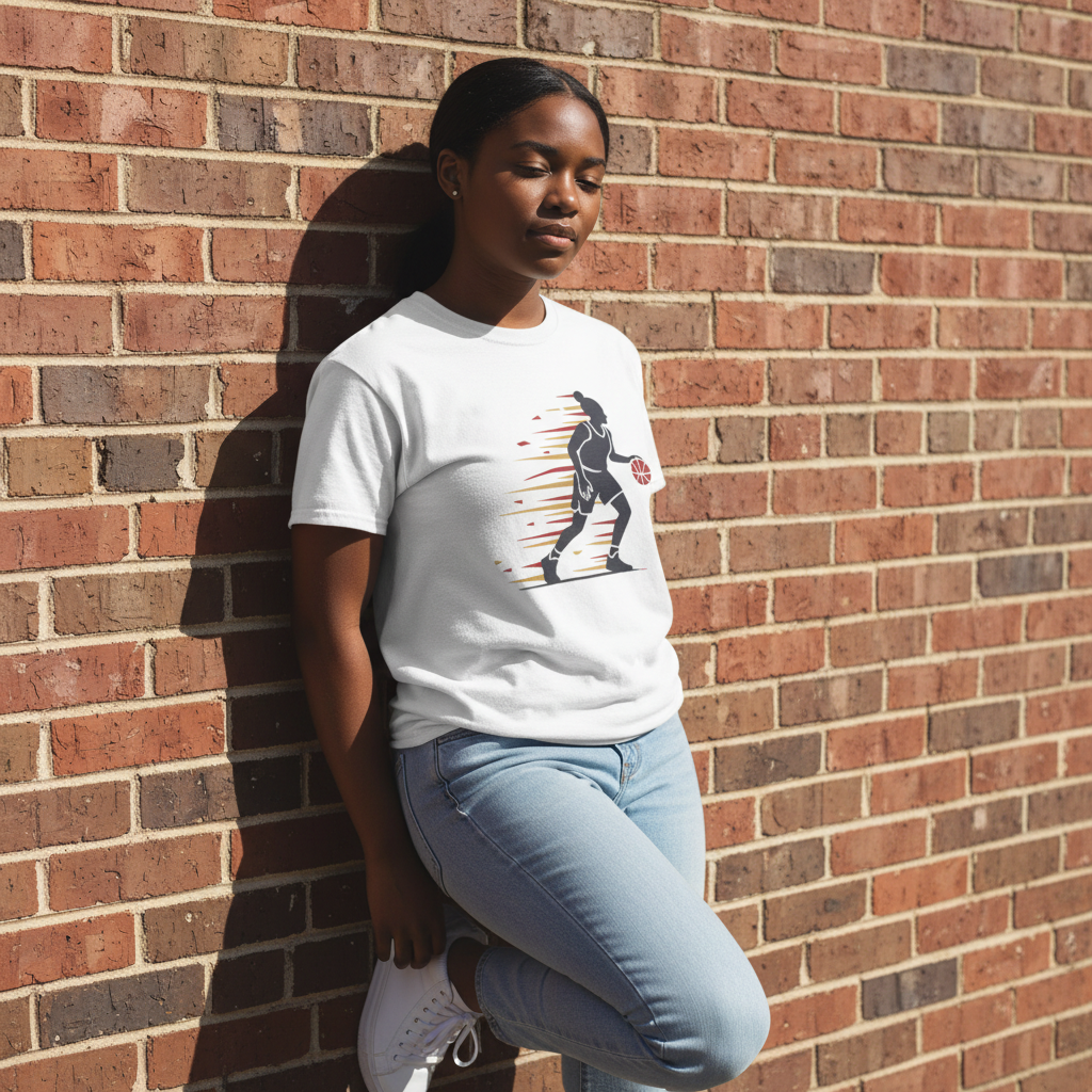 Female Basketball Player Dribbling Graphic T-Shirt - White Cotton Sports Tee