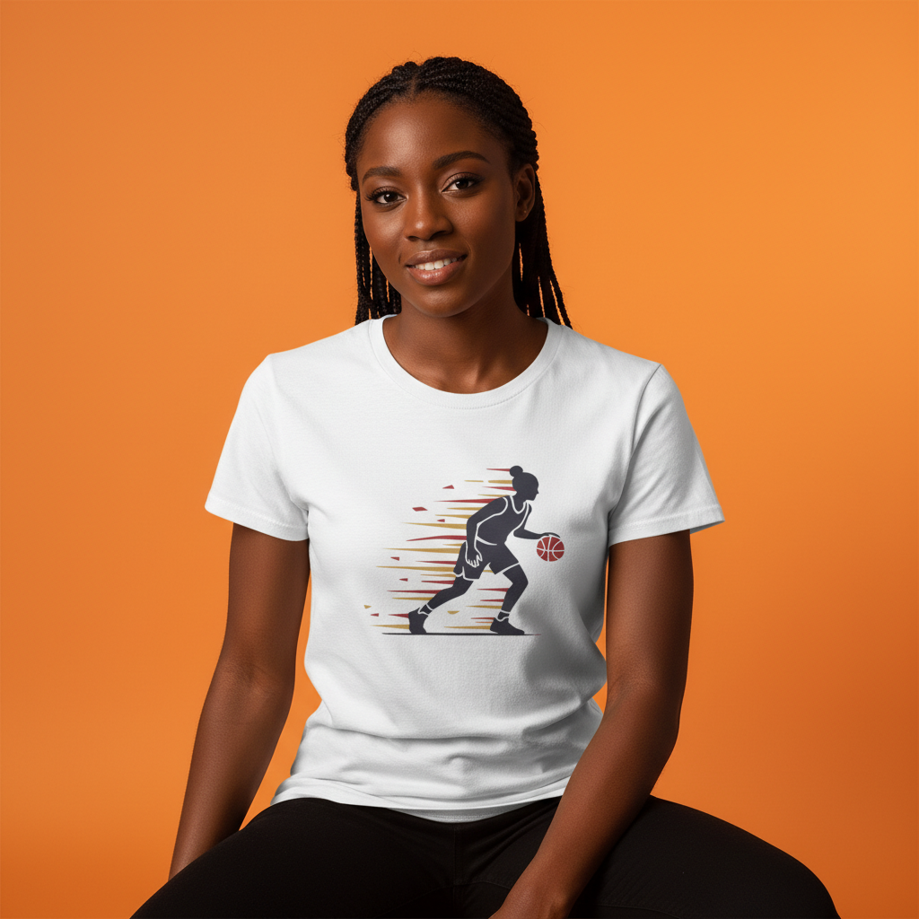 Female Basketball Player Dribbling Graphic T-Shirt - White Cotton Sports Tee