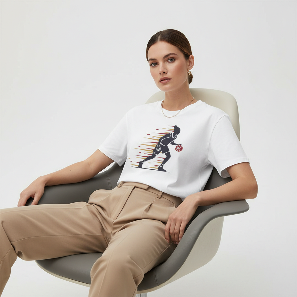 Female Basketball Player Dribbling Graphic T-Shirt - White Cotton Sports Tee