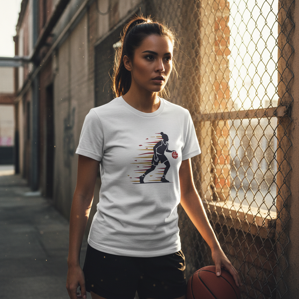Female Basketball Player Dribbling Graphic T-Shirt - White Cotton Sports Tee