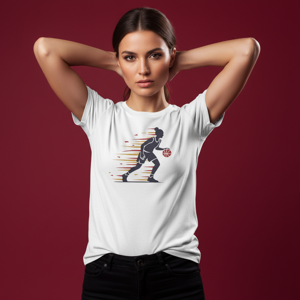 Female Basketball Player Dribbling Graphic T-Shirt - White Cotton Sports Tee