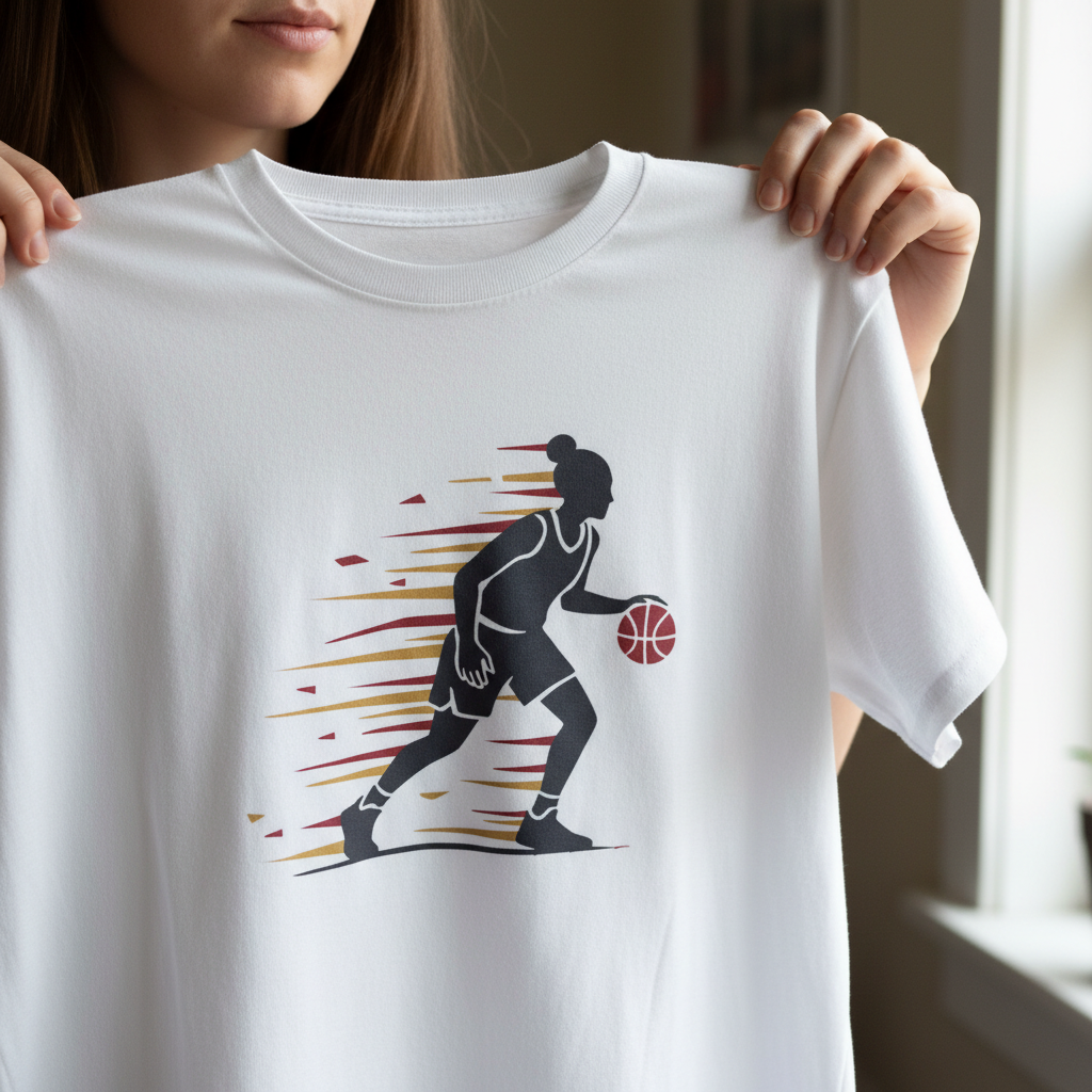 Female Basketball Player Dribbling Graphic T-Shirt - White Cotton Sports Tee