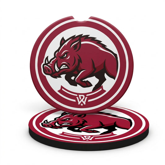 Arkansas Razorbacks Wild Boar Car Coaster Set - 2 Pack Absorbent Cup Holder Inserts for Trucks & SUVs - Arkansas Gameday Auto Accessories