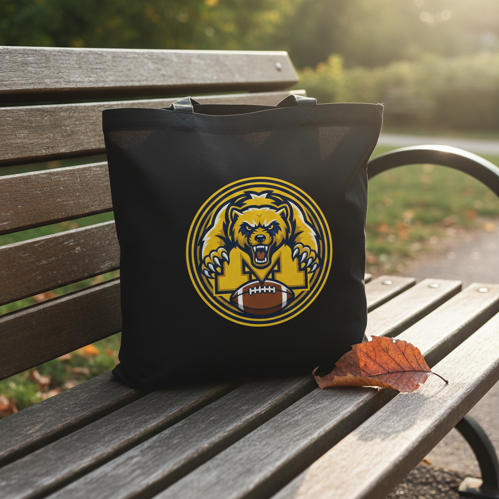 Michigan Football Mascot Tote Bag - Black Cotton Canvas Reusable Shopper with Wolverine Design