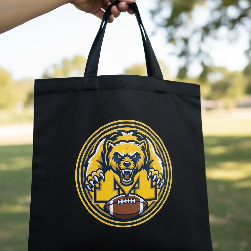 Michigan Football Mascot Tote Bag - Black Cotton Canvas Reusable Shopper with Wolverine Design