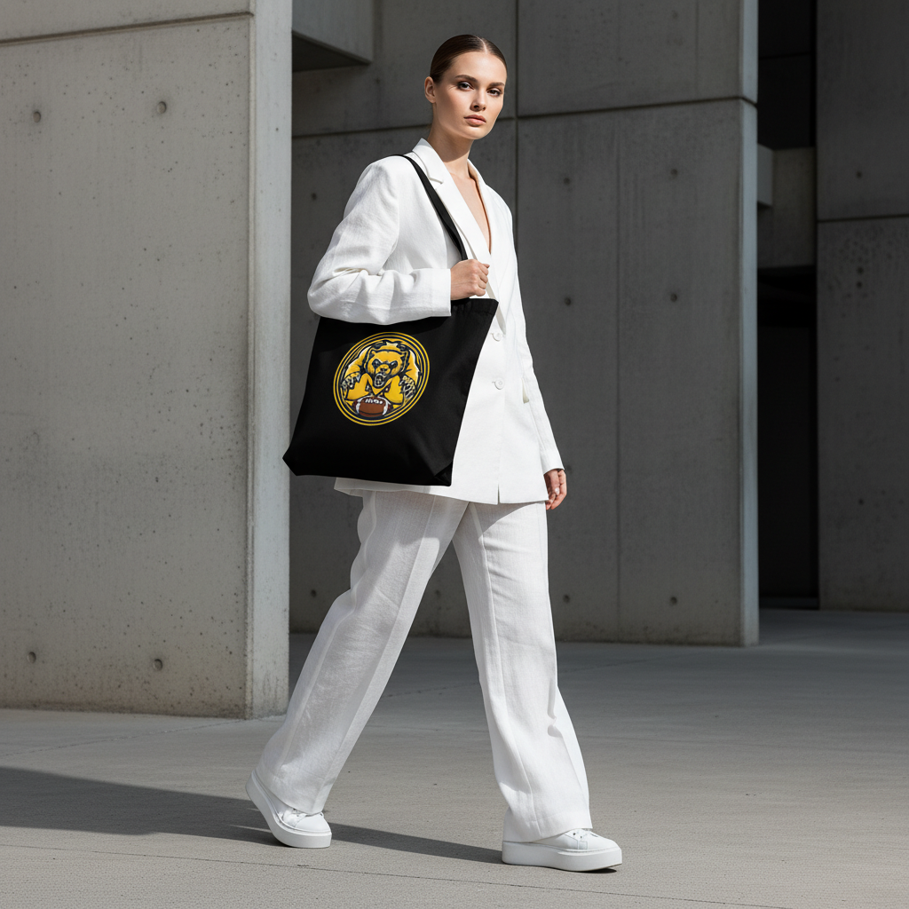 Michigan Football Mascot Tote Bag - Black Cotton Canvas Reusable Shopper with Wolverine Design