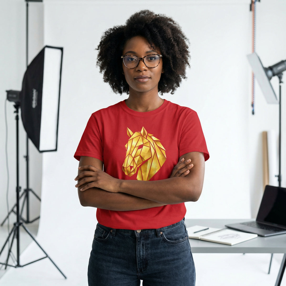 Geometric Gold Horse T-Shirt Metallic Low Poly Stallion Design Soft Cotton Black Tee Unisex - Beyond Lines