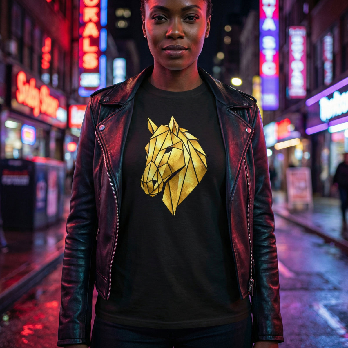 Geometric Gold Horse T-Shirt Metallic Low Poly Stallion Design Soft Cotton Black Tee Unisex - Beyond Lines