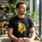 Geometric Gold Horse T-Shirt Metallic Low Poly Stallion Design Soft Cotton Black Tee Unisex - Beyond Lines