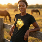Geometric Gold Horse T-Shirt Metallic Low Poly Stallion Design Soft Cotton Black Tee Unisex - Beyond Lines