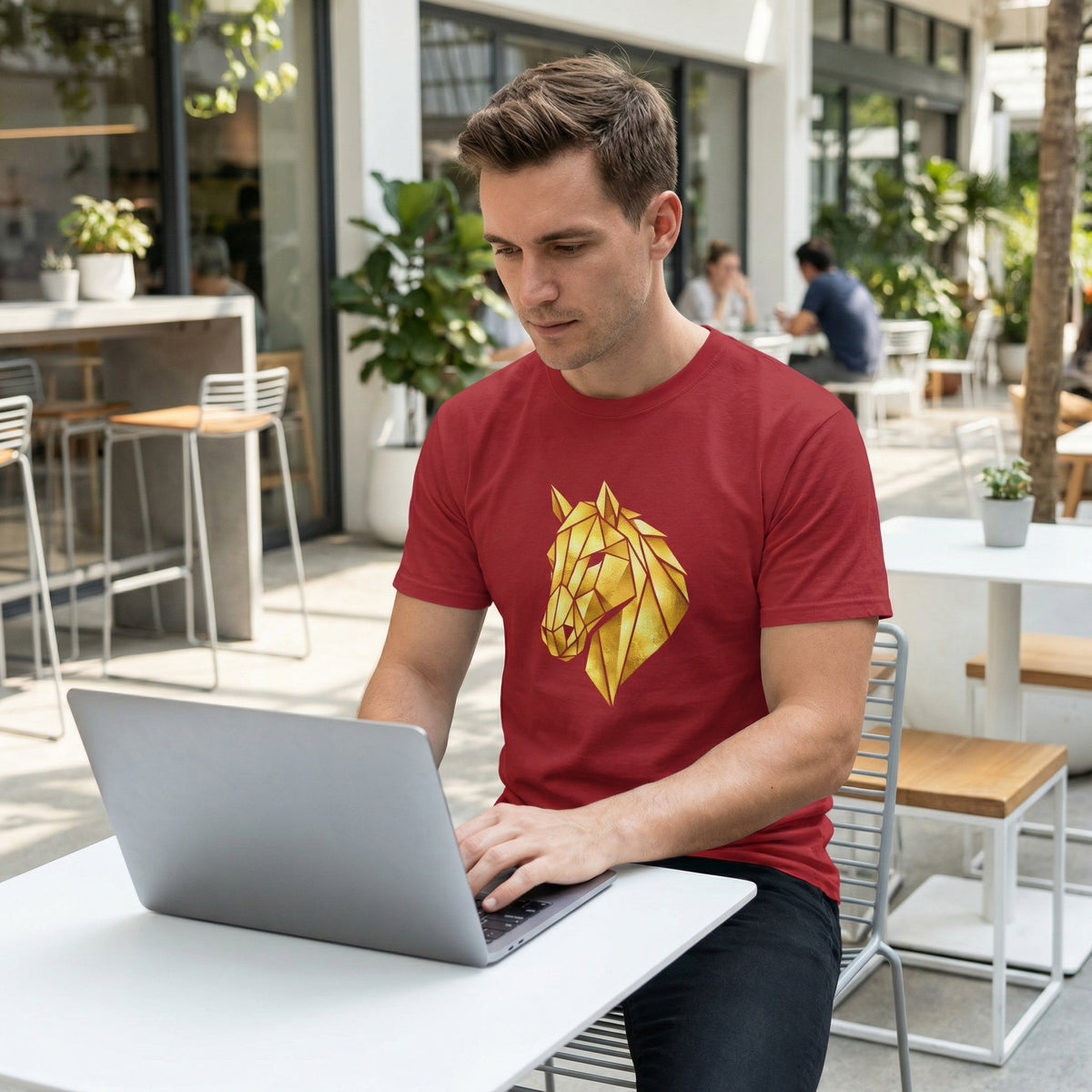 Geometric Gold Horse T-Shirt Metallic Low Poly Stallion Design Soft Cotton Black Tee Unisex - Beyond Lines