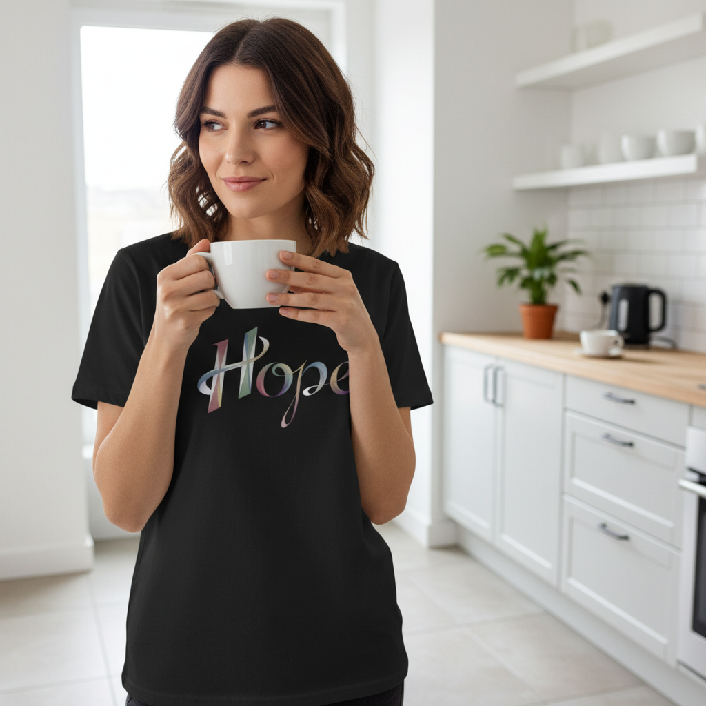 Hope Inspirational Graphic T-Shirt - Cotton Tee with Stylized Ribbon Typography - Motivational Positive Message Casual Top - Beyond Lines